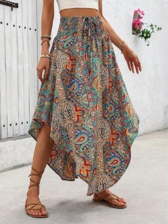 Wandoria Holiday Random Paisley Print Curved Hem Skirt Maxi Vacation Beach Outfi - Picture 5 of 7